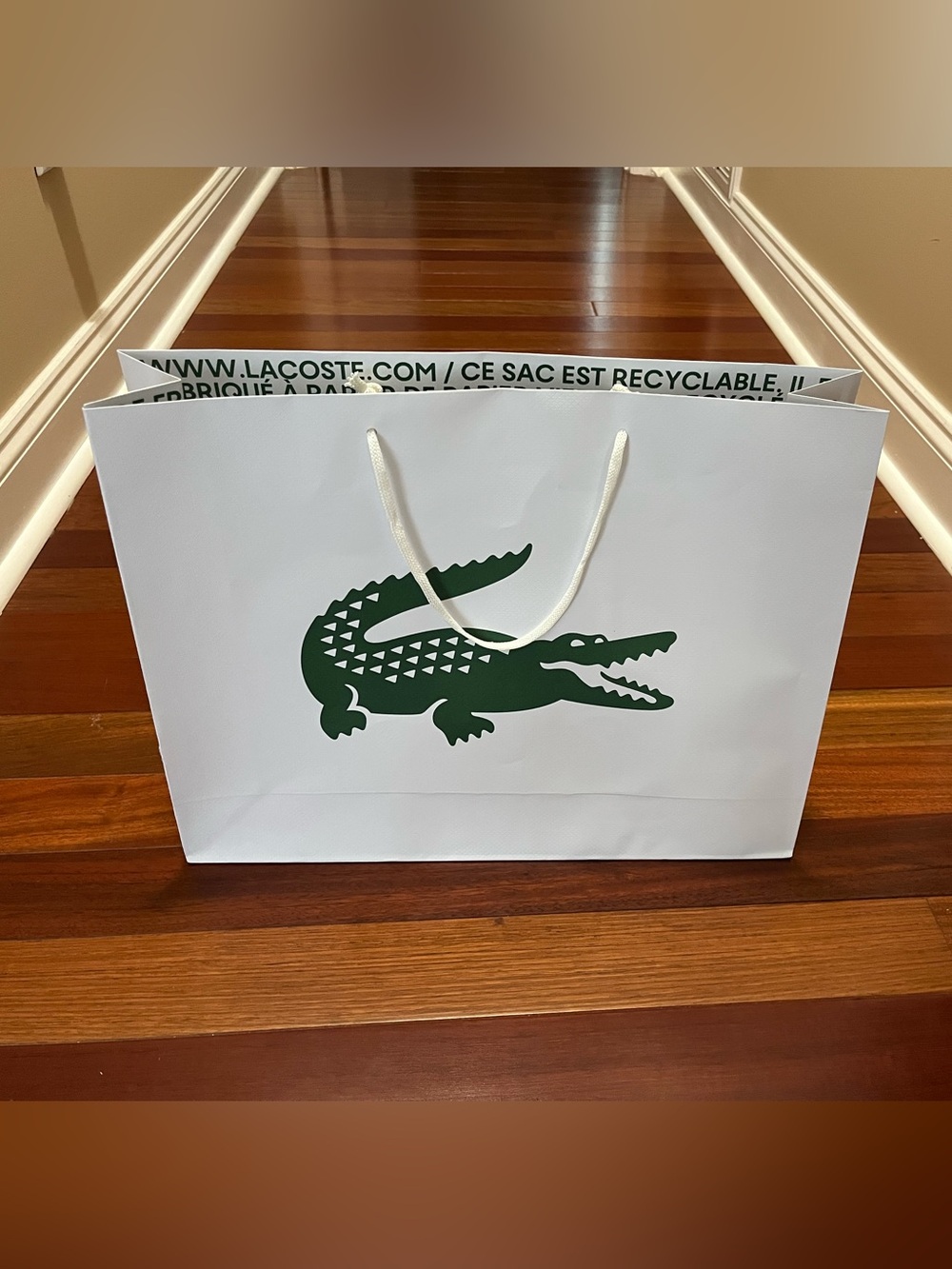 Lacoste White Shopping Bag with Green Crocodile Logo